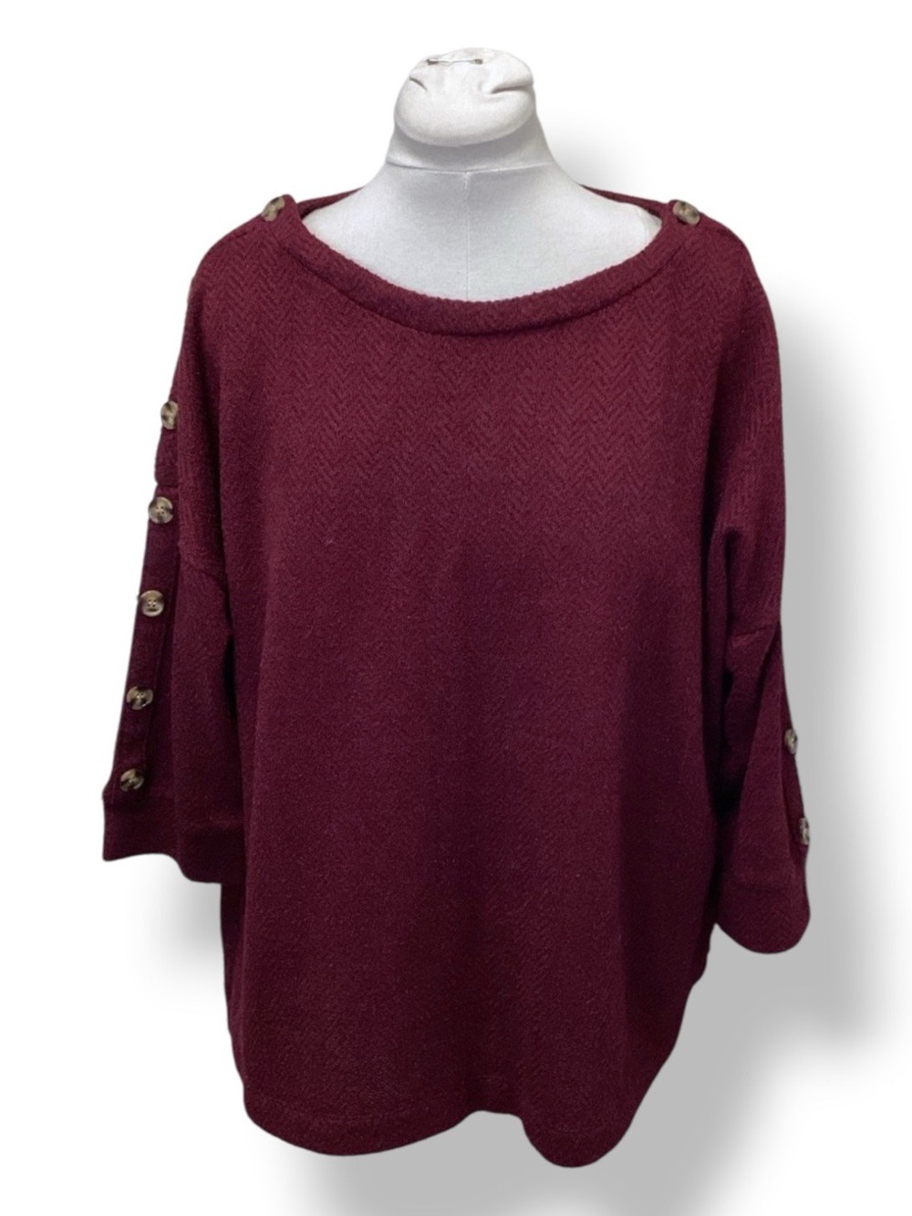 Retrology Women’s Plus 3/4 Sleeve Chevron Knit Sweater Button Accent Wine 3X
